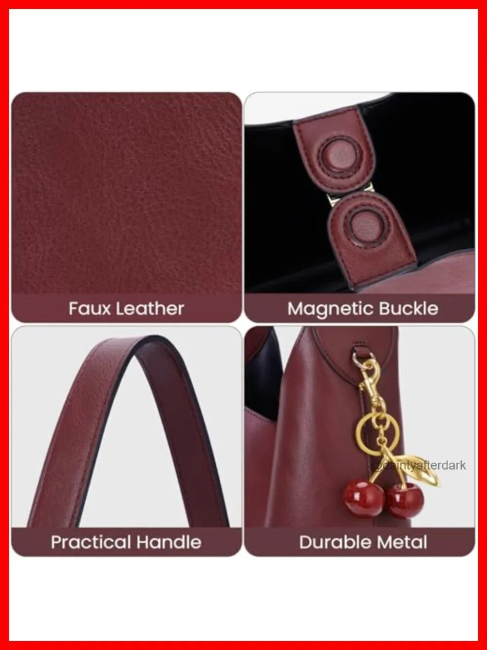 Faux Suede Hobo Bag Vegan Leather Shoulder Tote with Cherry Charm Slouchy